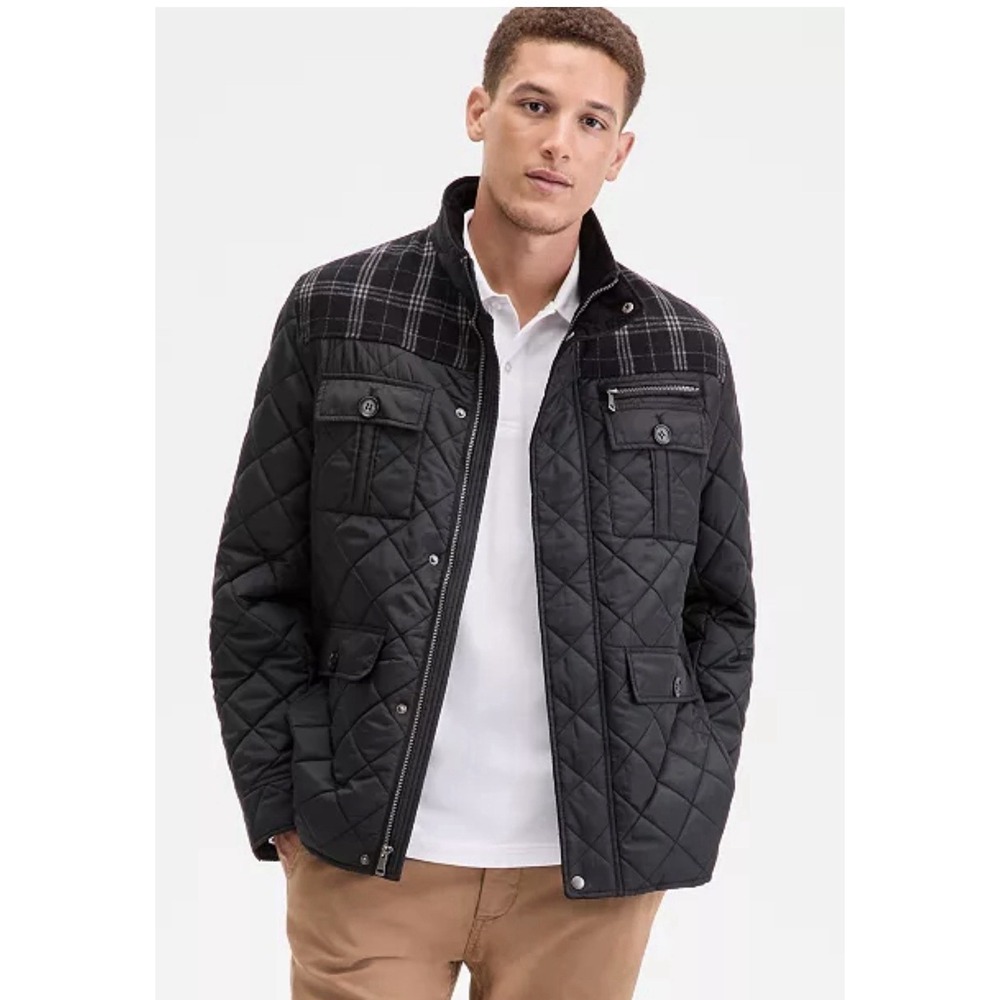 Cole Haan Men's Mixed Media Quilted Jacket Black Size Small Elbow Patch Wool
